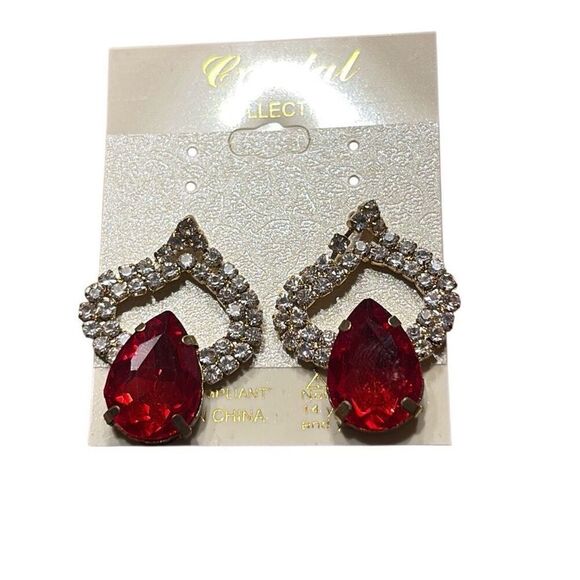 Red Crystal Teardrop Pageant Prom Gala Dangle Drop Earrings 1.25" Hypoallergenic - Picture 1 of 4